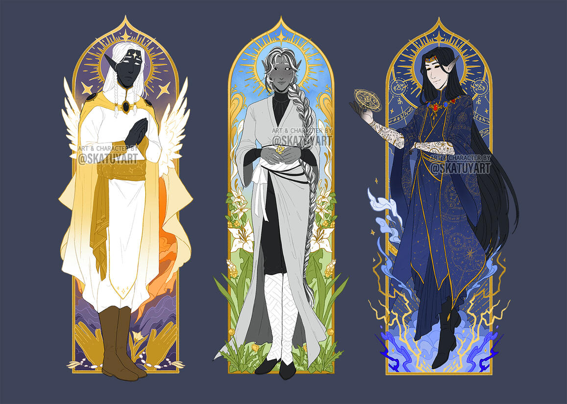 The Triad Gods - Character illustrations of a trio of gods