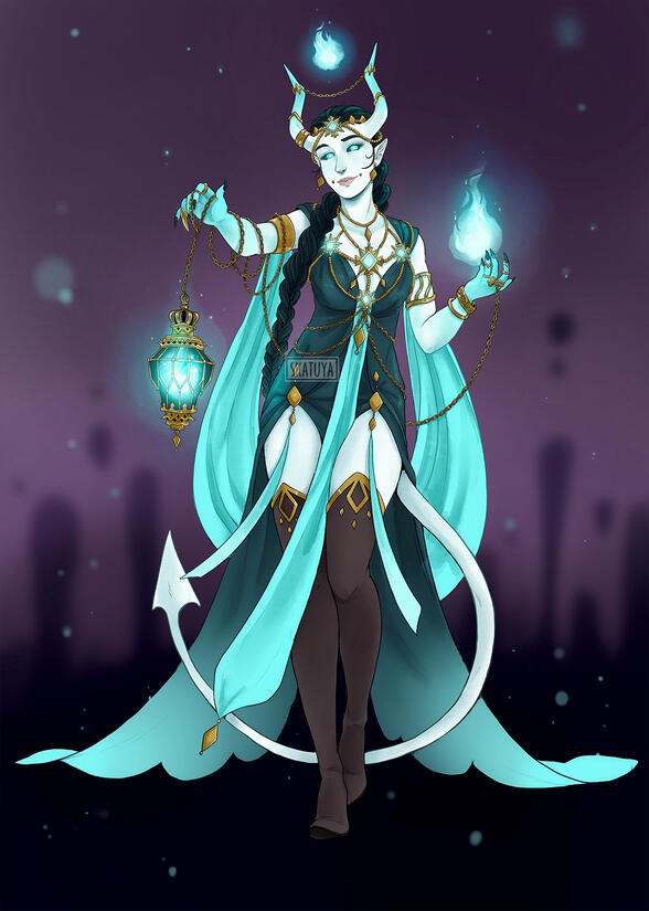 Character design of a tiefling sorceress.